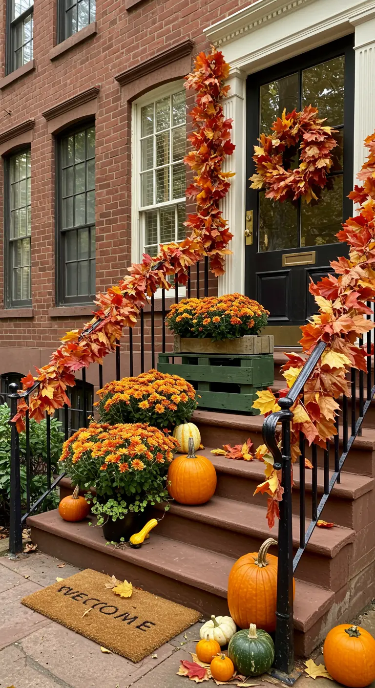 Escalera de entrada urbana con barandilla envuelta en guirnaldas de hojas de otoño y crisantemos.