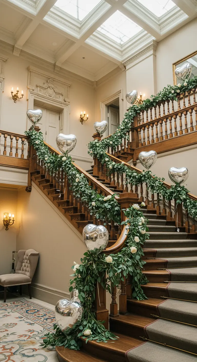 Escalera de madera señorial decorada con guirnaldas verdes y globos de corazón plateados.