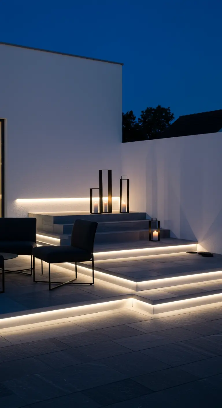 Escalones exteriores de hormigón iluminados con tiras de luz LED cálida por la noche.