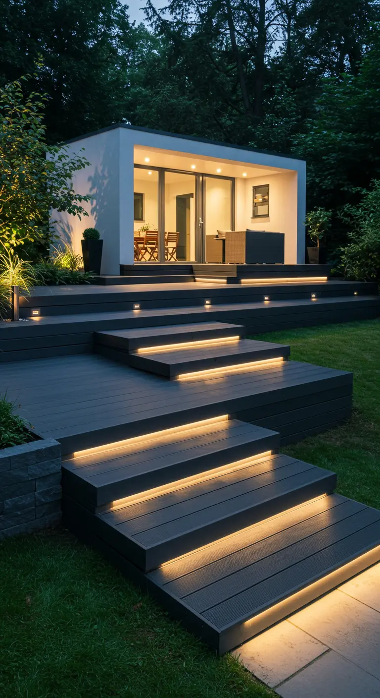 Escaleras exteriores de tarima gris con iluminación LED cálida integrada bajo cada peldaño