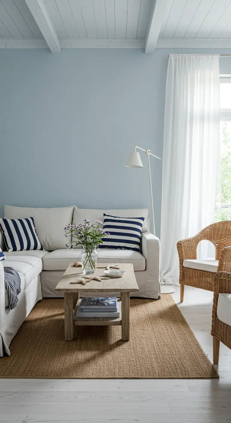 Sala de estar de estilo costero con sofá blanco, pared azul claro y silla de mimbre.