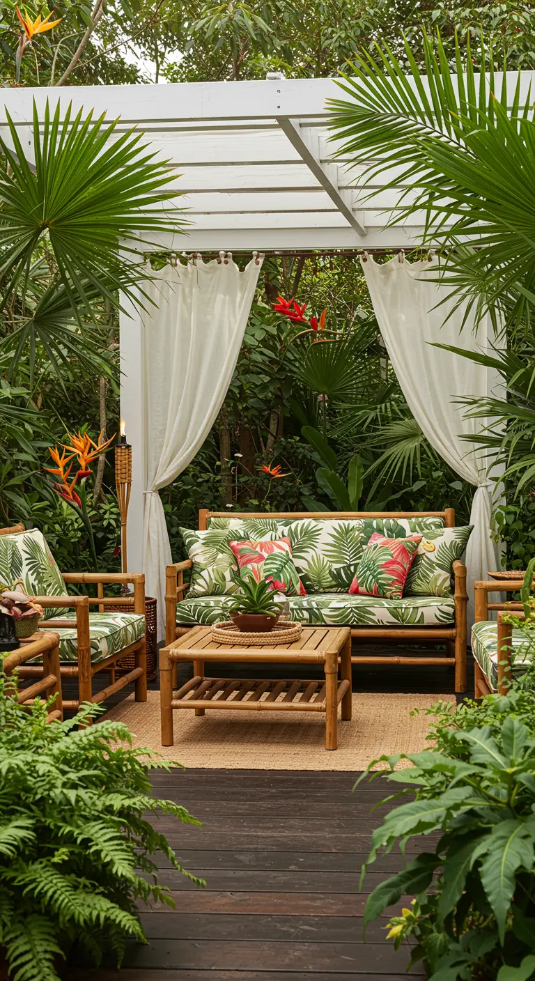 Pérgola blanca en un jardín tropical con muebles de bambú y cojines estampados.