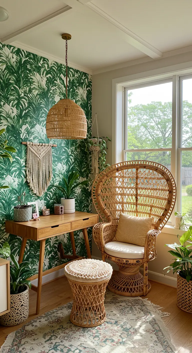 Rincón de trabajo con papel pintado de hojas verdes y muebles de mimbre.