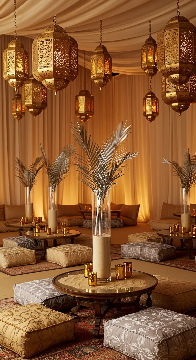 Zona lounge de inspiración marroquí con farolillos dorados colgantes y cojines en el suelo.