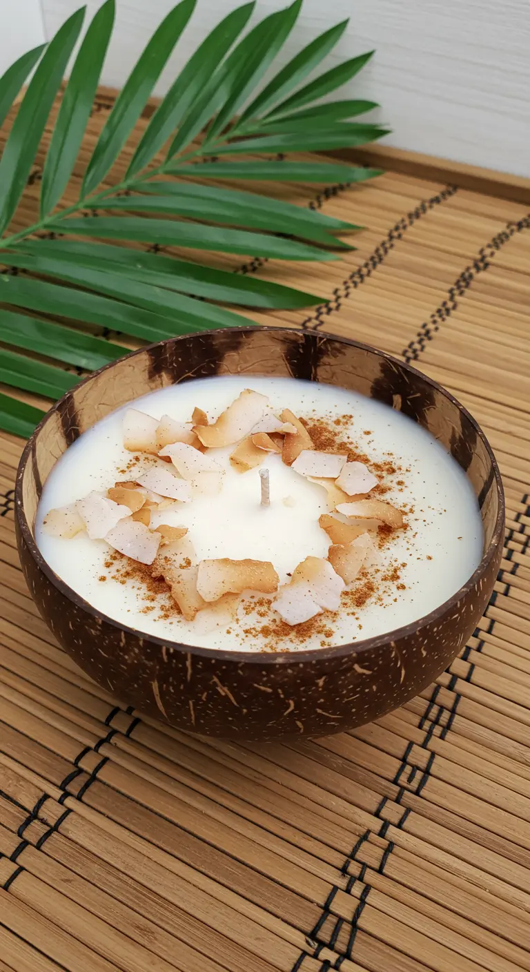 Vela vertida en una cáscara de coco y decorada con virutas de coco y canela.