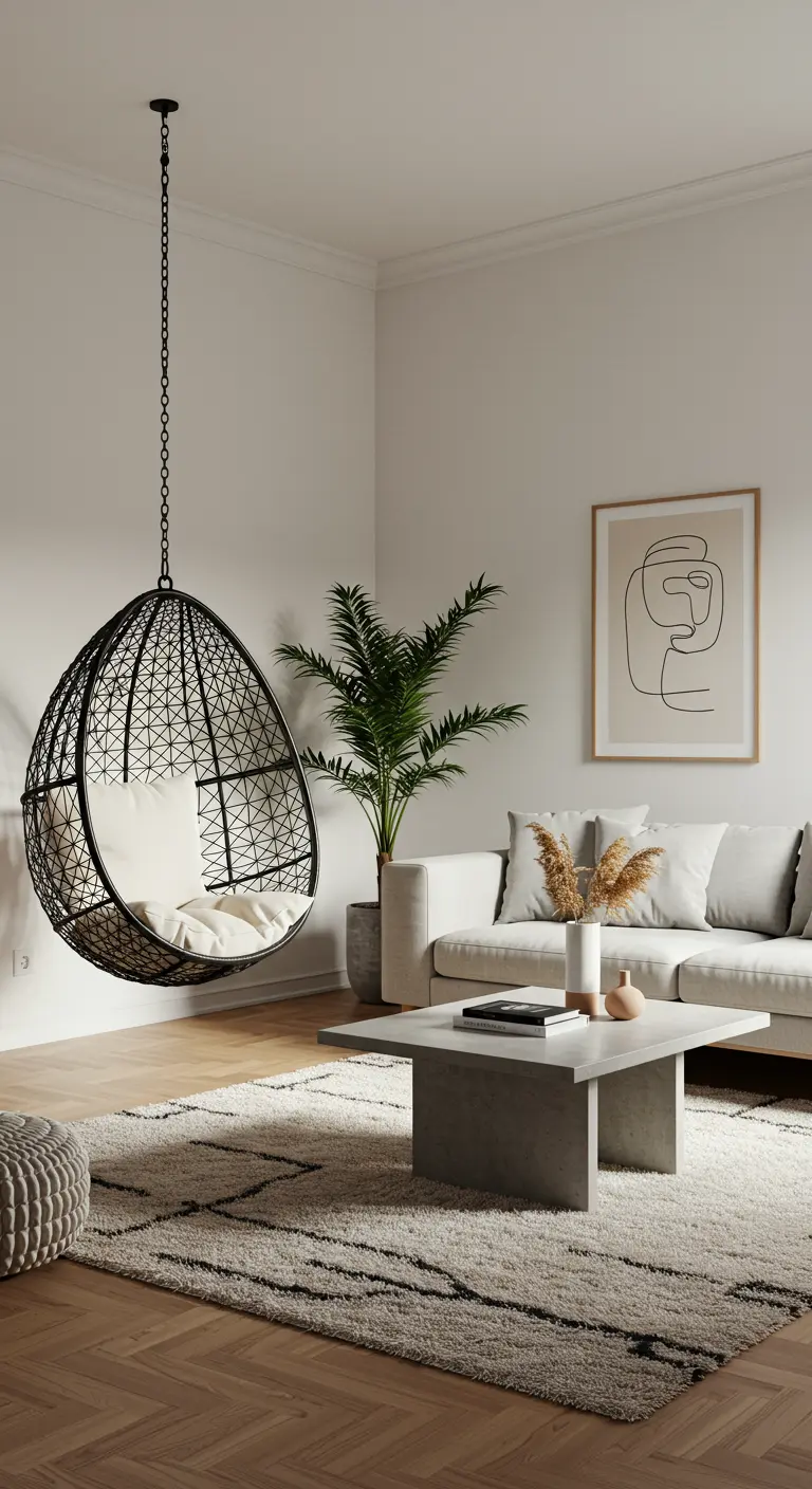 Sillón colgante negro de diseño geométrico en un salón minimalista y luminoso.