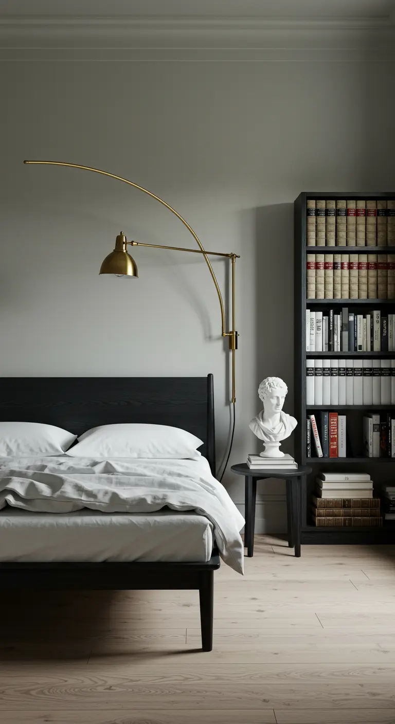 Dormitorio minimalista con pared gris, cama negra, una estantería y un busto clásico como decoración