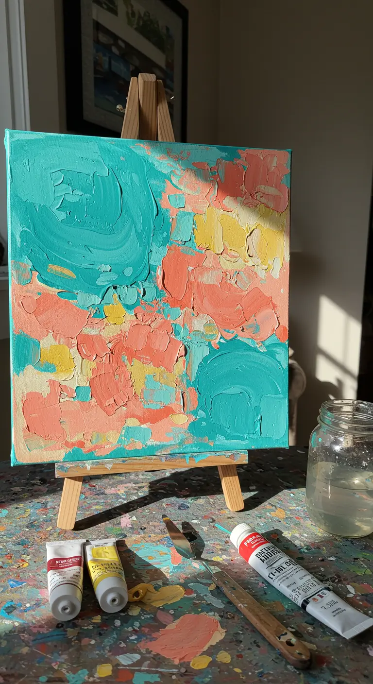Cuadro abstracto con pintura espesa en tonos turquesa, coral y amarillo sobre un caballete.