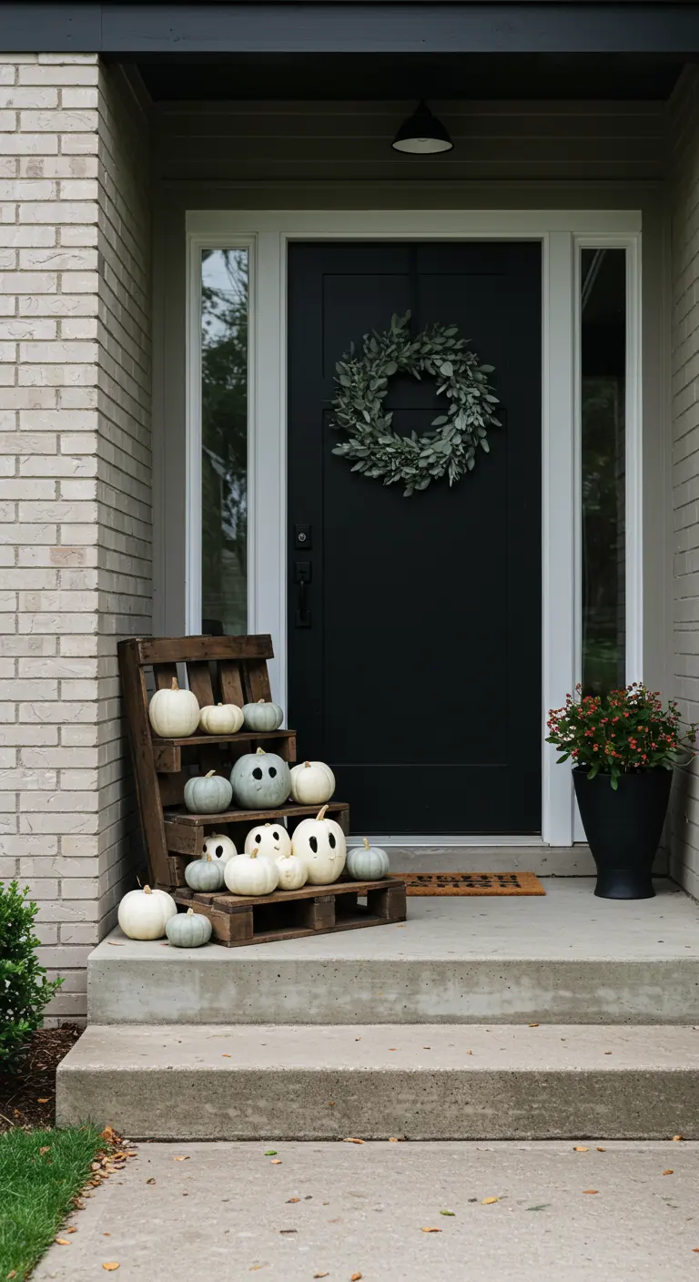 Un palet de madera oscura en vertical usado como estantería para calabazas blancas y verdes.