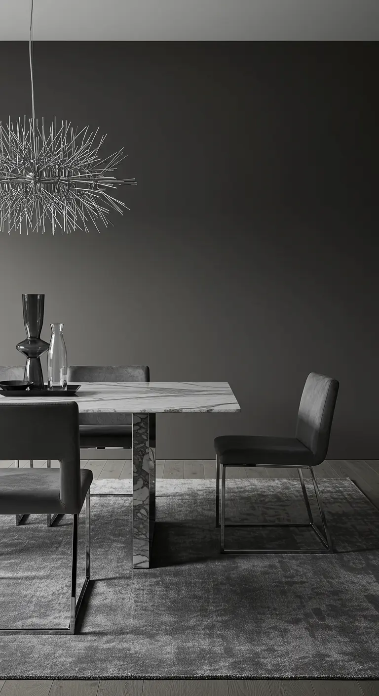 Comedor monocromático en tonos grises con mesa de mármol y una lámpara de diseño plateada