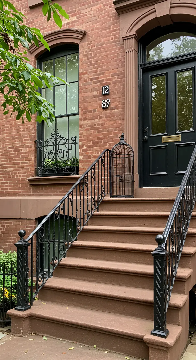 Jaula de pájaros negra vacía en los escalones de una entrada de ladrillo con barandillas de forja.