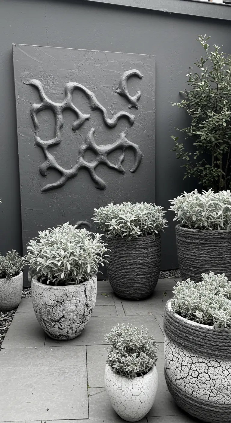 Patio moderno y monocromático con un cuadro de arte texturizado en la pared y plantas de follaje gris