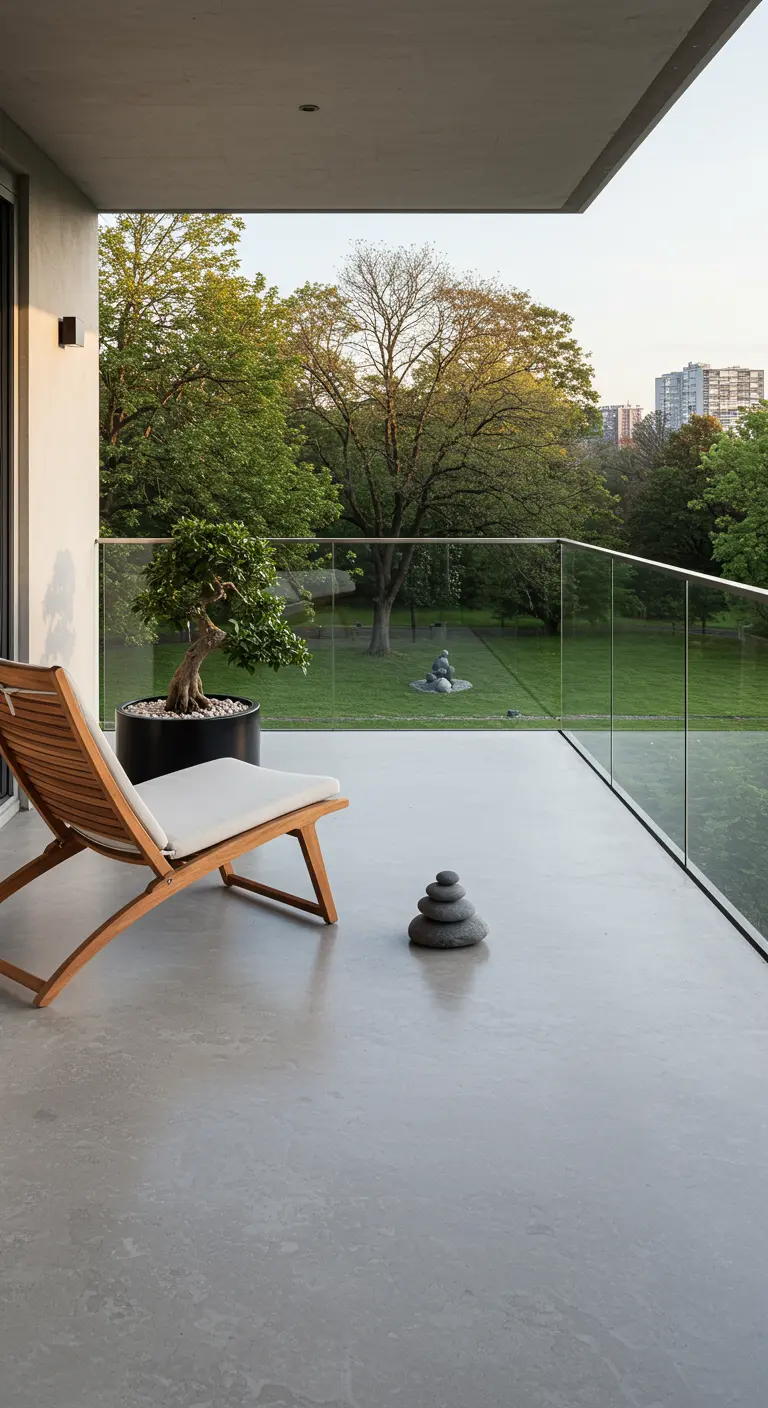 Balcón minimalista con suelo de cemento, silla de madera y un bonsái