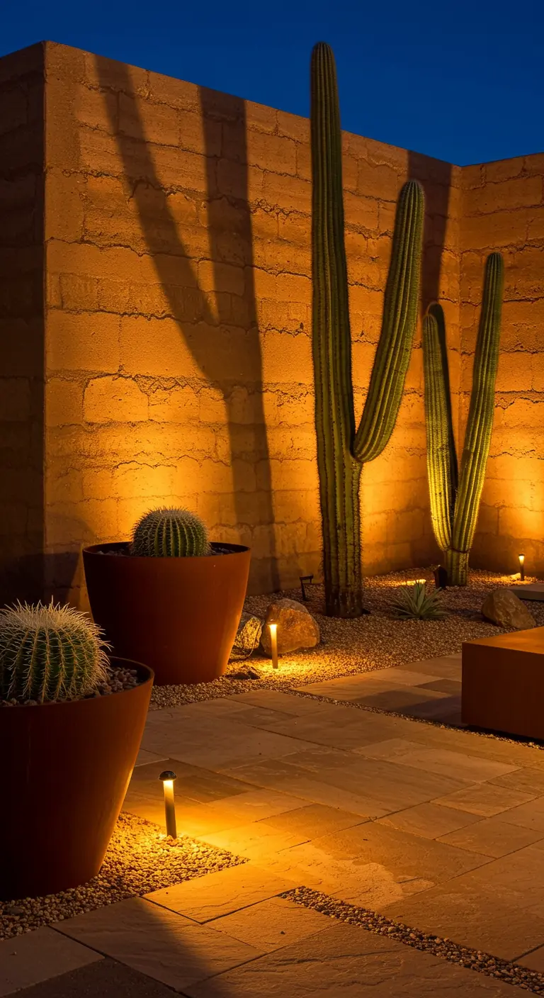 Jardín desértico de noche con grandes cactus iluminados desde abajo por focos cálidos
