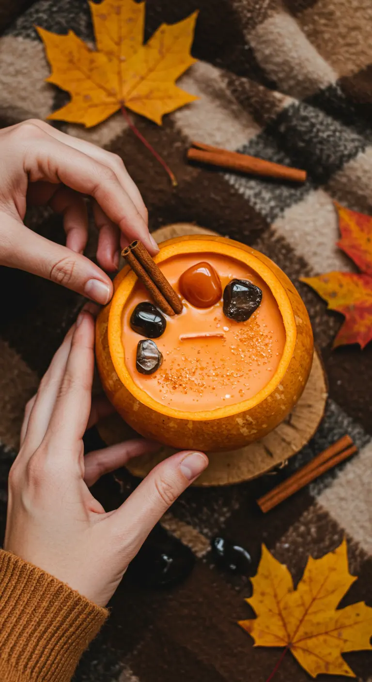 Manos decorando una vela de cera naranja dentro de una calabaza con canela.