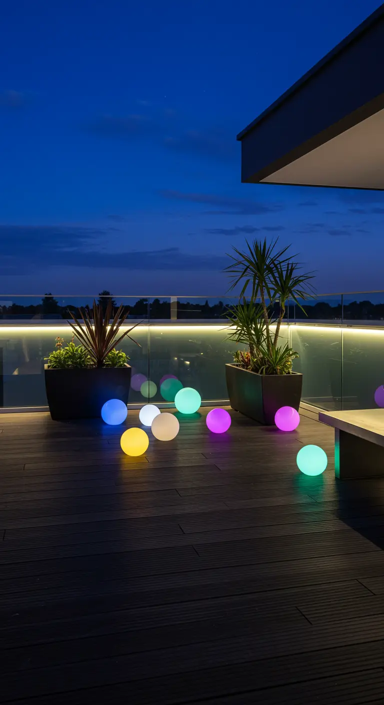 Terraza de noche con esferas de luz de colores esparcidas por el suelo entre las plantas