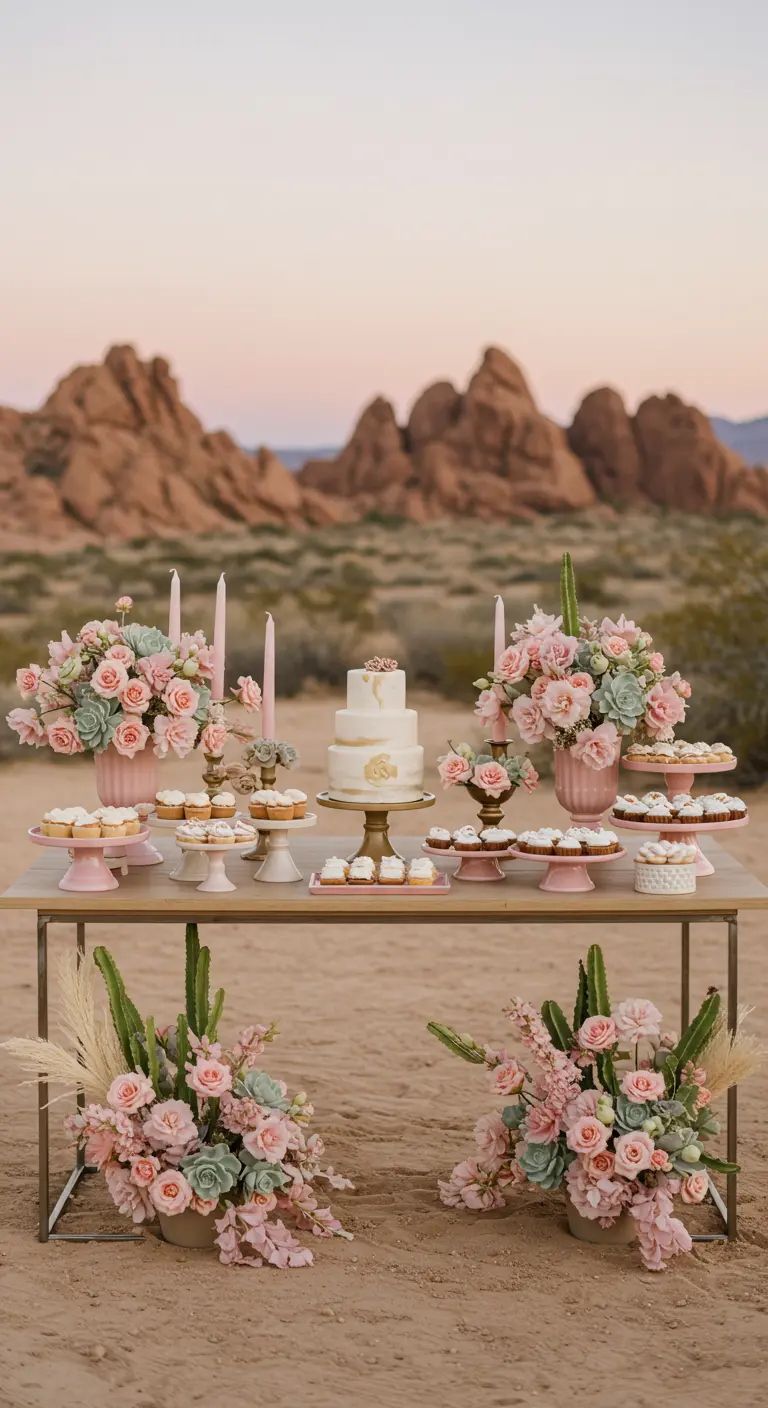Mesa de postres en el desierto con flores y suculentas en tonos rosa empolvado y verde salvia.