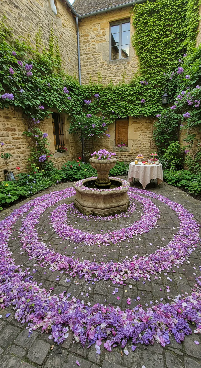 Una gran espiral hecha con pétalos de flores moradas en un patio de piedra con una fuente en el centro.