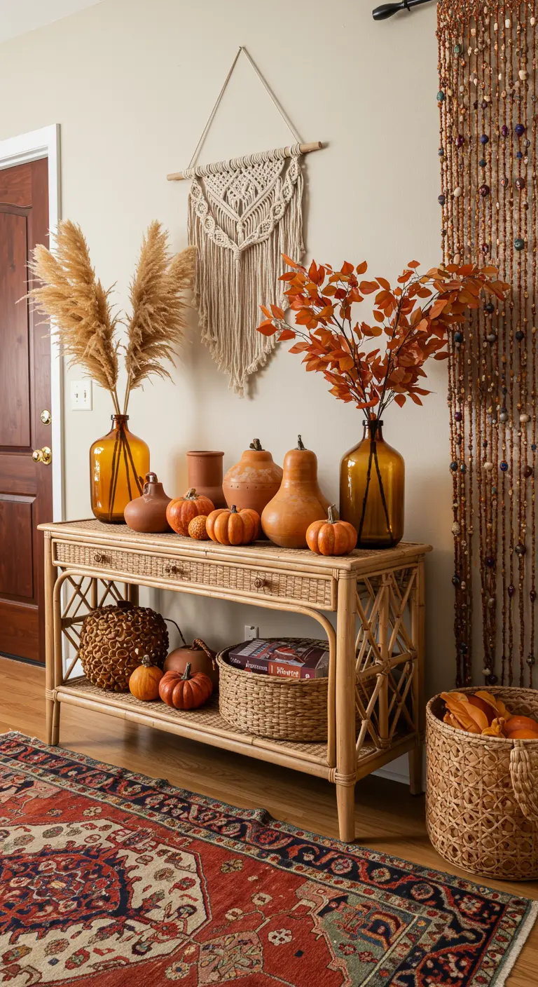 Consola de ratán con decoración bohemia, incluyendo pampas, jarrones ámbar, calabazas y un tapiz de macramé.