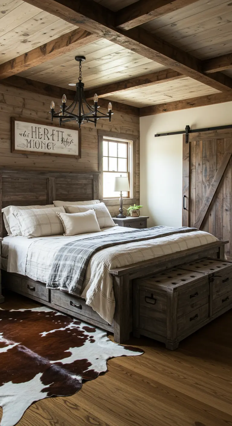 Dormitorio rústico bohemio con paredes de madera, cama robusta y alfombra de piel de vaca.