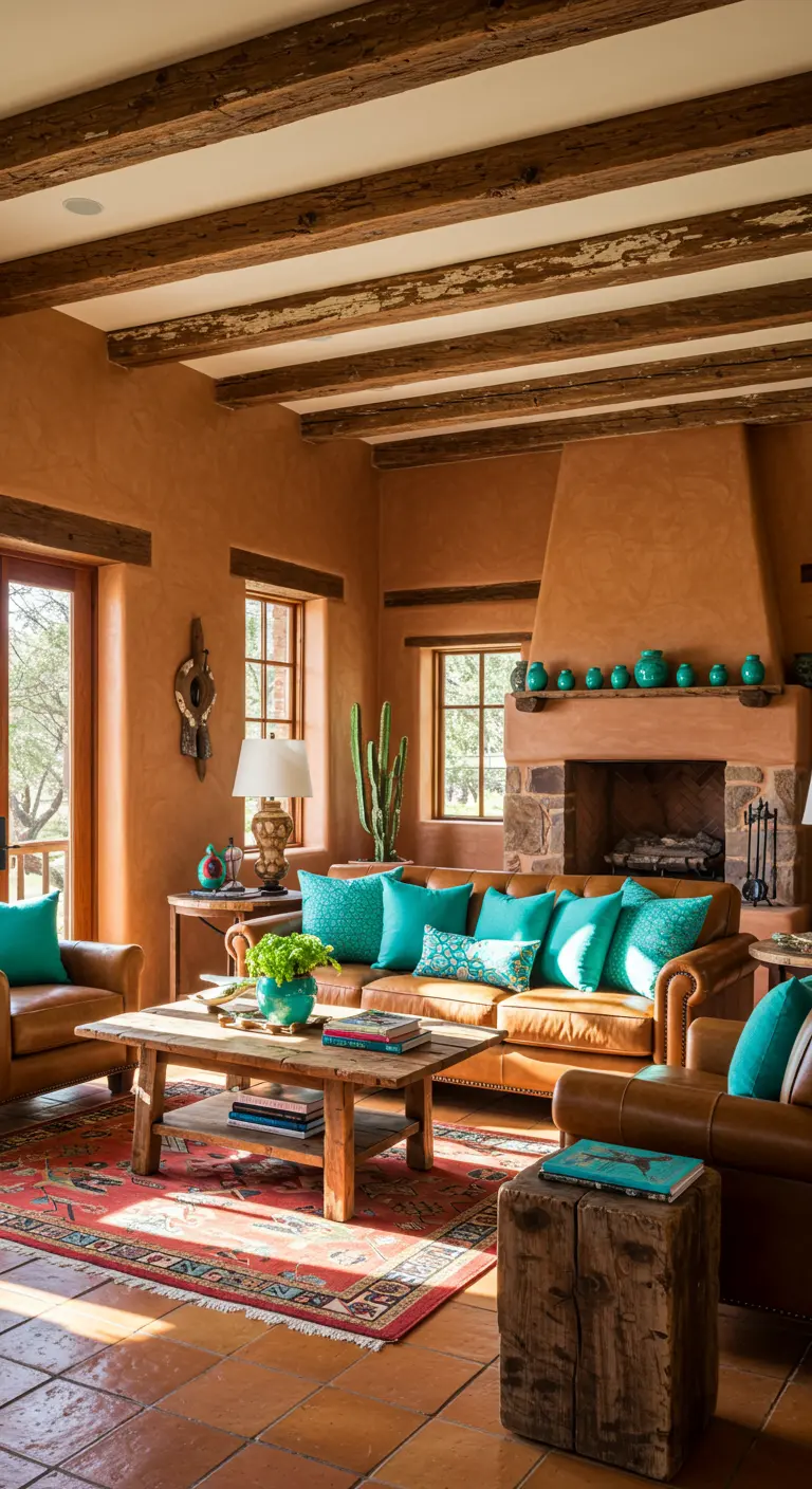 Salón de estilo suroeste con paredes de terracota, vigas de madera y acentos de color turquesa.