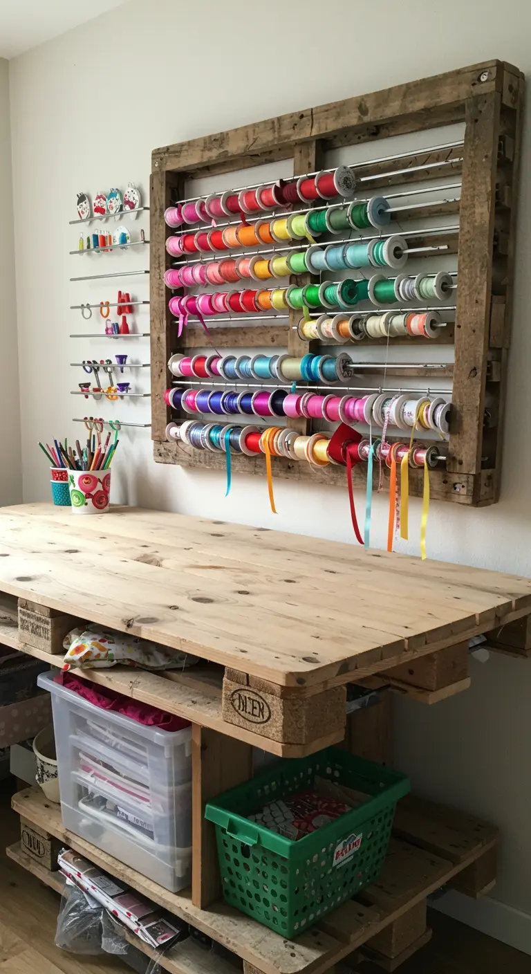 Organizador de pared para cintas de colores hecho con un palet y barras metálicas.