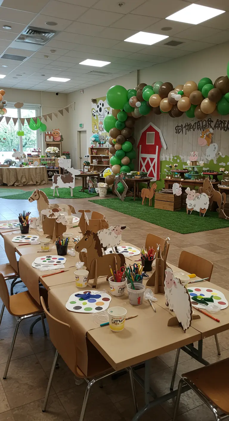 Mesa de manualidades en una fiesta infantil con figuras de animales de cartón para pintar.