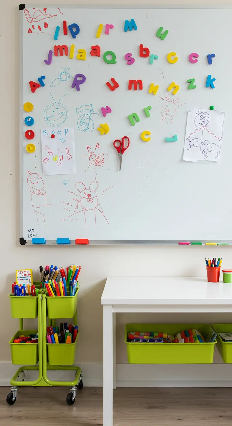 Carrito de almacenaje verde lima lleno de material de arte junto a una mesa y una pizarra blanca.