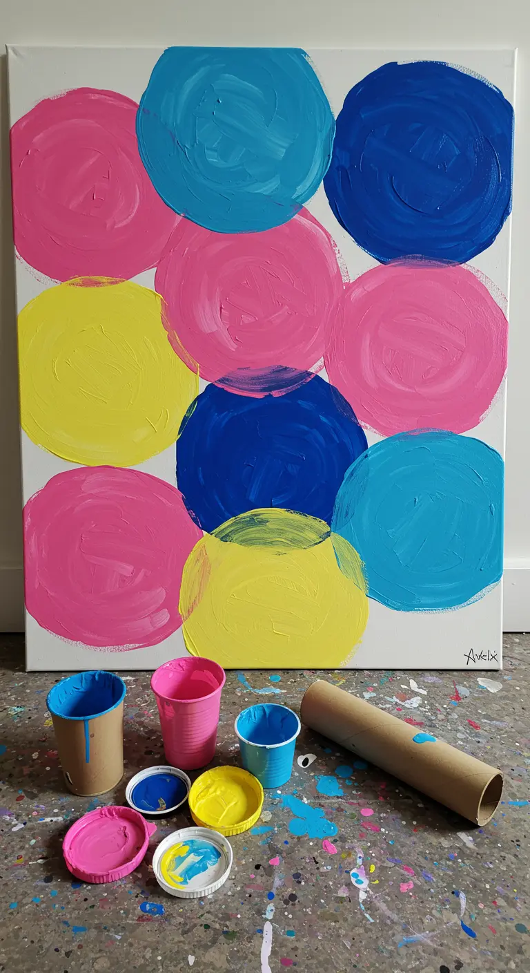 Lienzo con grandes círculos superpuestos en rosa, amarillo y azul, pintados con sellos caseros.