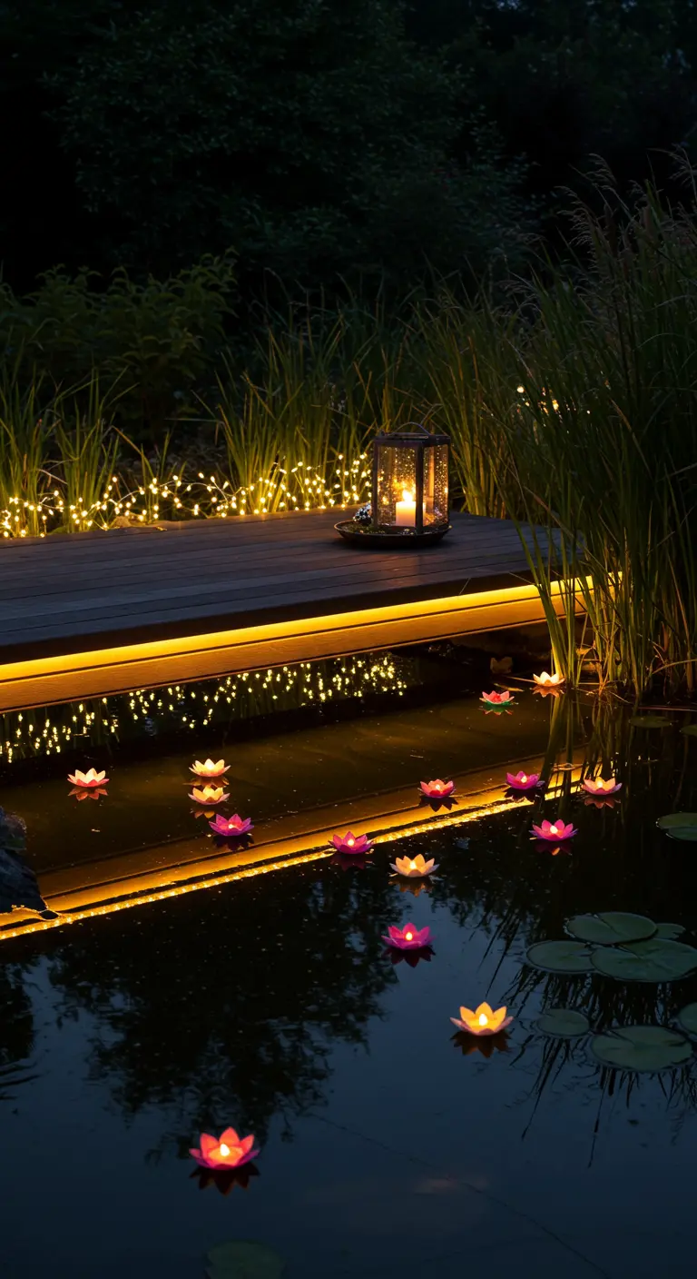 Estanque de noche con flores de loto luminosas flotando y una pasarela de madera iluminada.