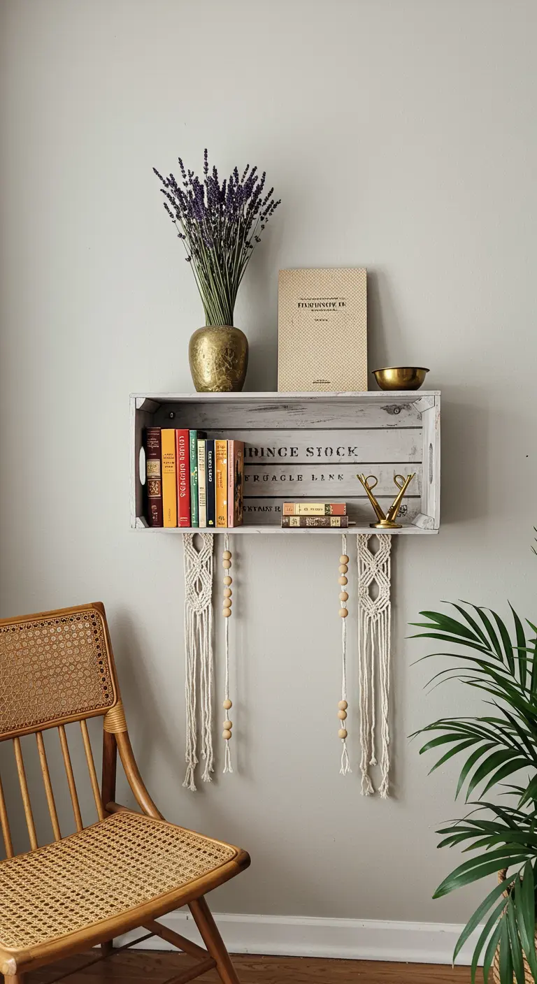 Caja de vino blanca decapada como estante de pared con adornos de macramé.
