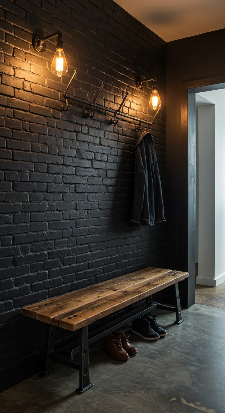 Entrada industrial con pared de ladrillo negro, banco de madera y apliques con bombillas Edison.