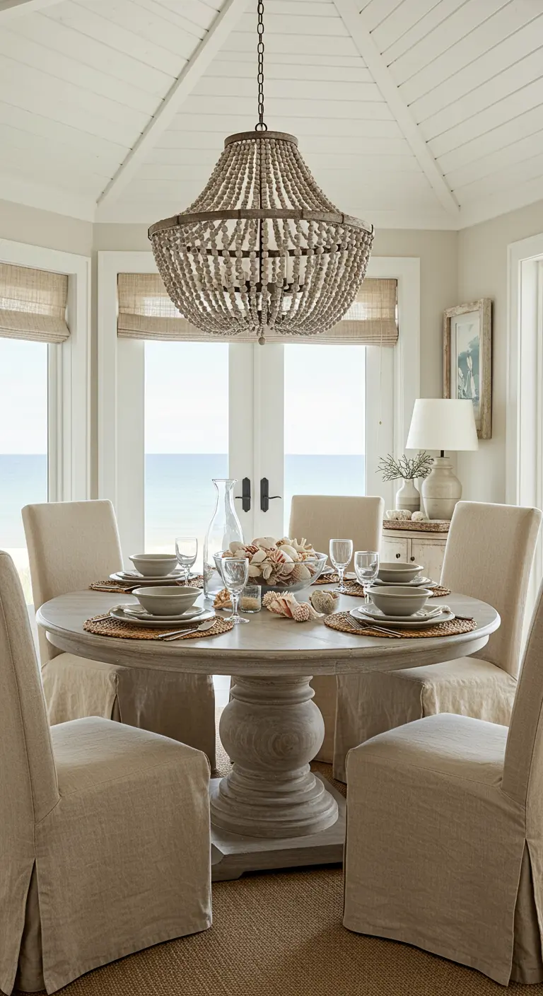Comedor de estilo costero con mesa redonda de madera, sillas de lino y lámpara de cuentas.