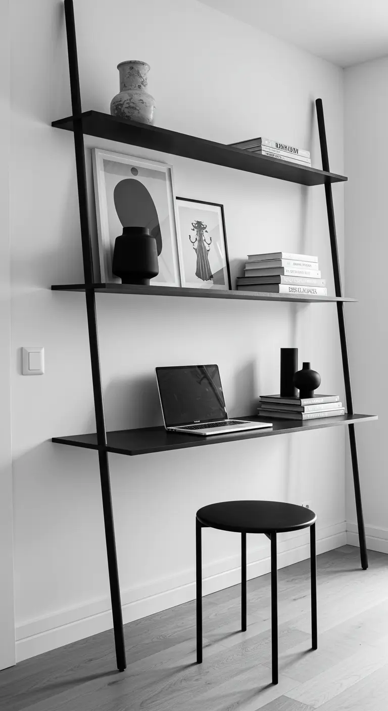 Estantería-escritorio de estilo industrial en negro con decoración minimalista en blanco y negro.