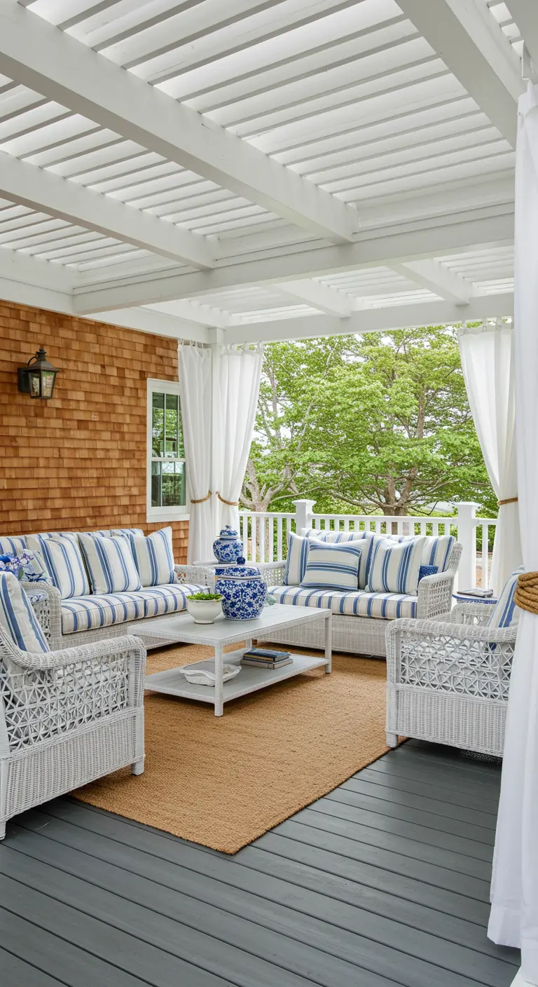 Porche de estilo Hamptons con pérgola blanca, muebles de mimbre y cojines de rayas azules.