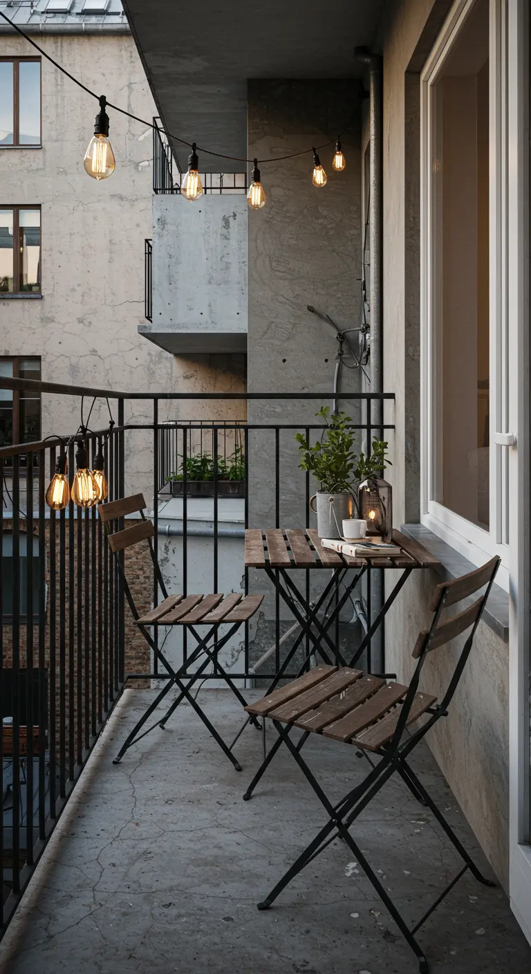 Balcón de estilo industrial con muebles plegables de madera y metal y una pared de hormigón.