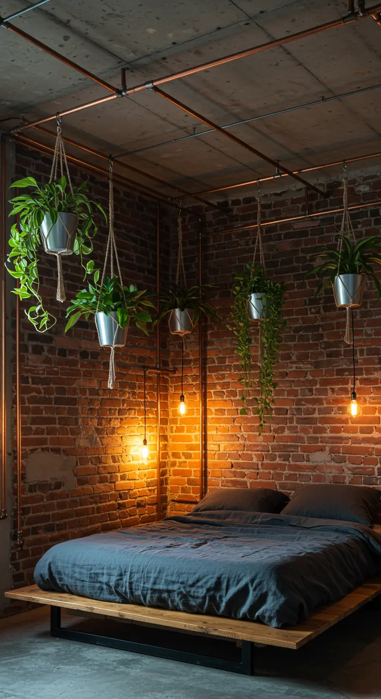Dormitorio industrial con pared de ladrillo y plantas colgando de tuberías de cobre en el techo.