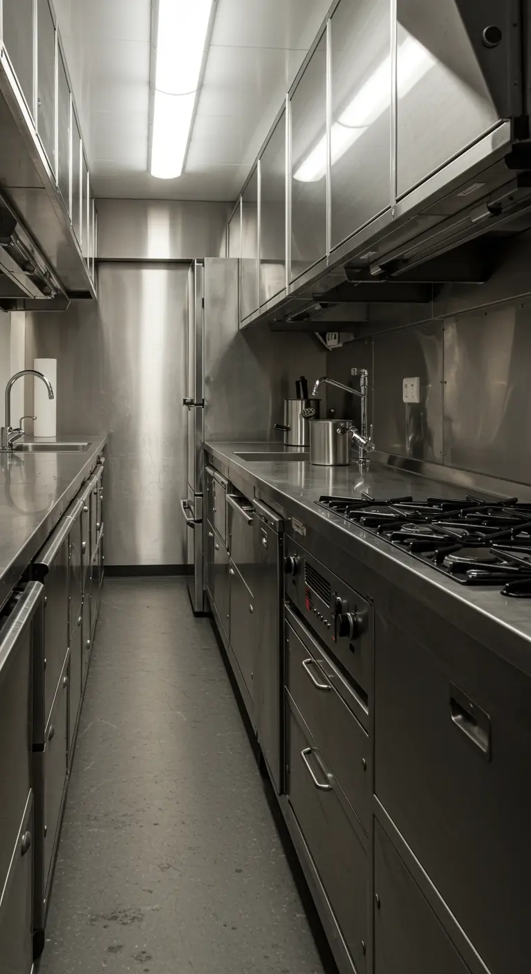Puerta corredera de acero inoxidable en una cocina profesional estrecha y alargada