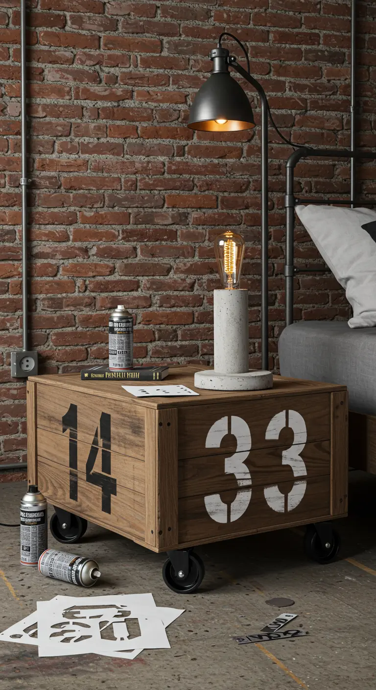 Caja de madera con ruedas y números estarcidos, usada como mesita de noche industrial.