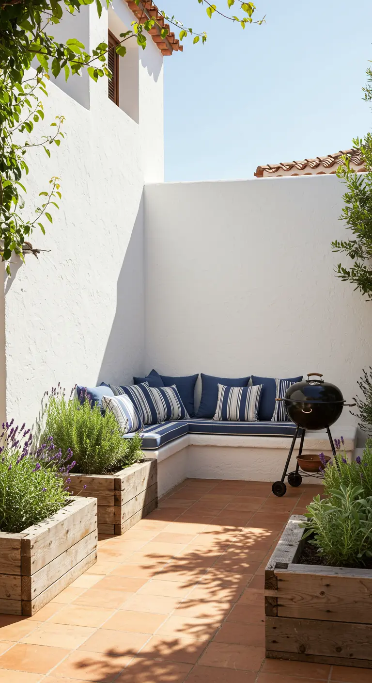Patio minimalista de estilo mediterráneo con paredes blancas, jardineras de madera y lavanda.