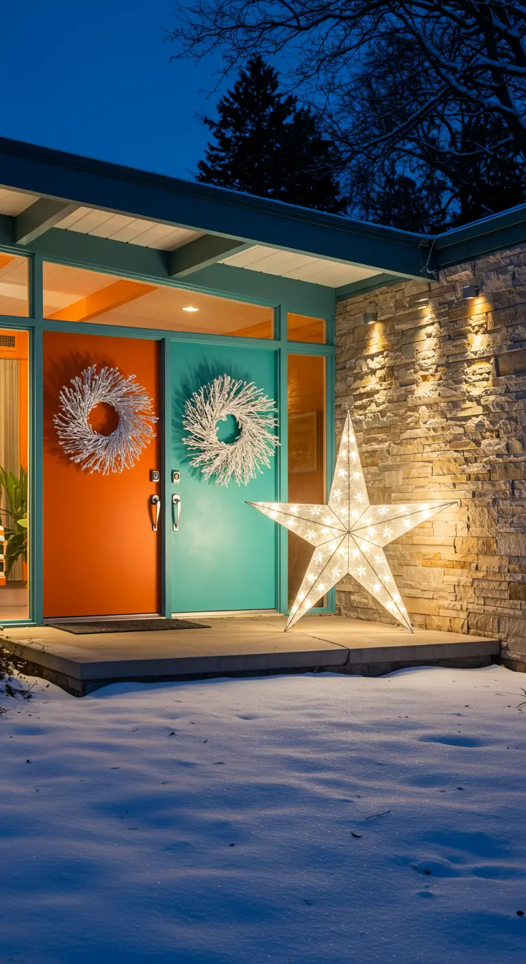 Casa moderna con puertas de colores, coronas de ramas blancas y una gran estrella iluminada.