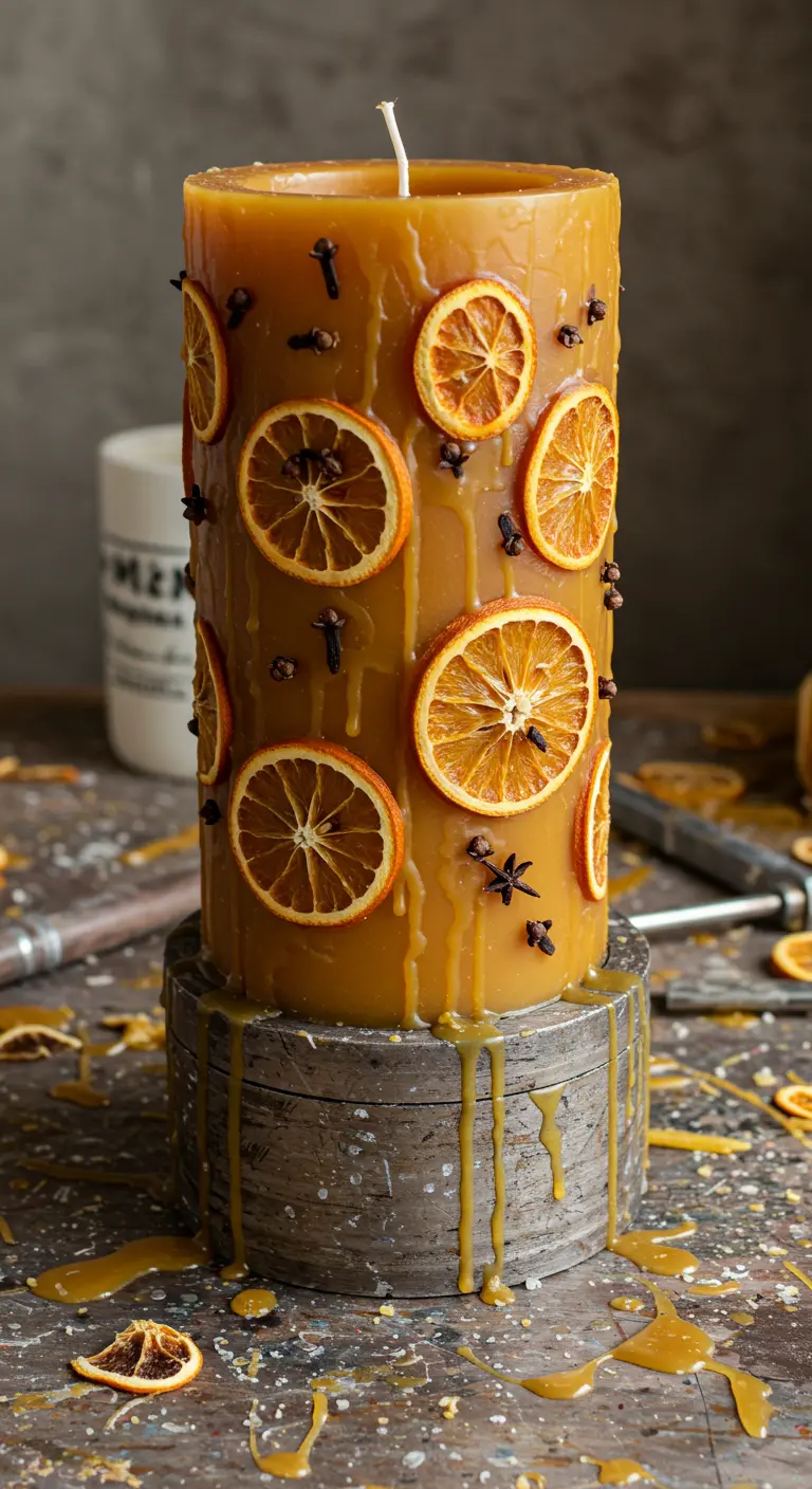 Vela cilíndrica de color ocre con efecto de cera derretida y naranjas secas.