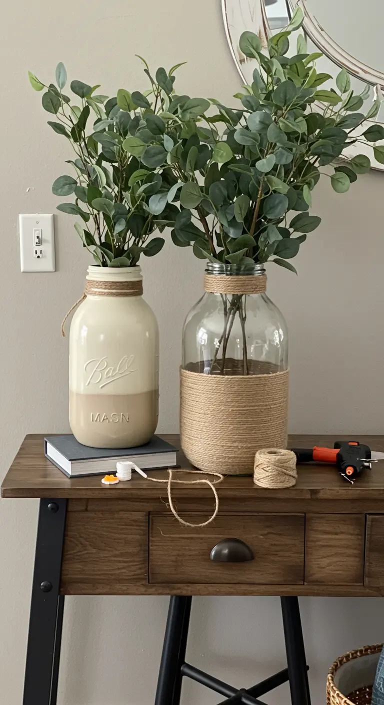 Jarrones de estilo rústico, uno pintado y otro envuelto en cuerda de yute.