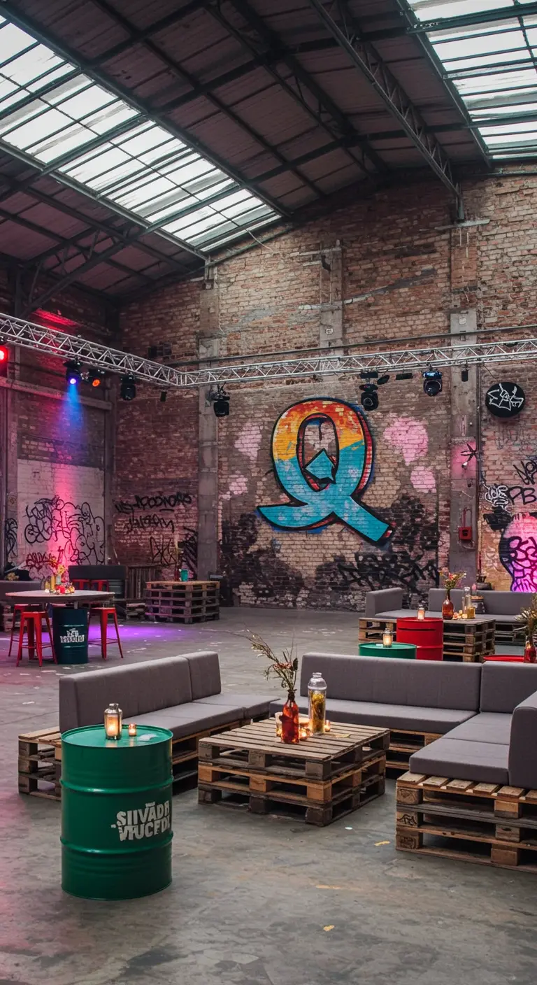 Letra 'Q' de graffiti pintada en una pared de ladrillo en un almacén con muebles de palets.