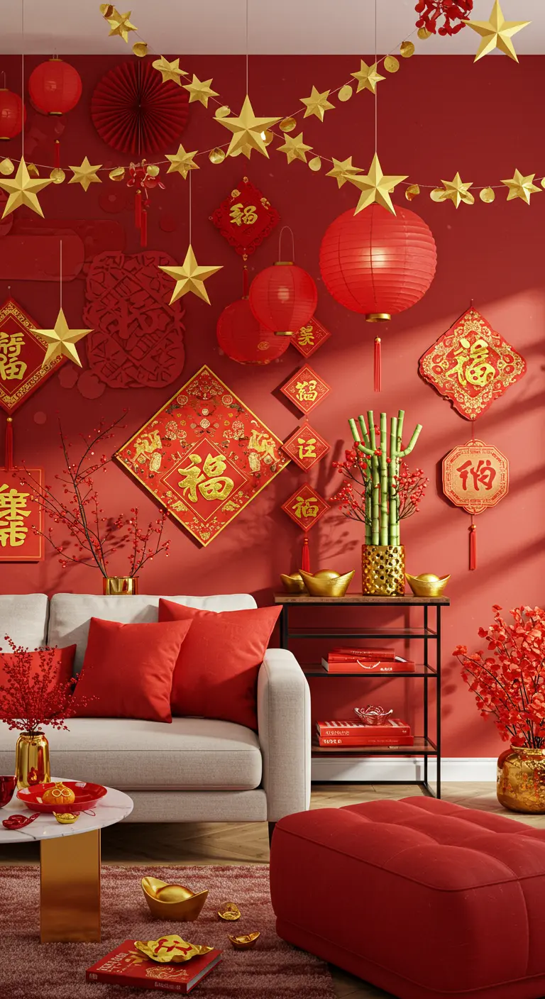 Salón decorado en rojo y dorado para el Año Nuevo Chino con guirnaldas de estrellas.
