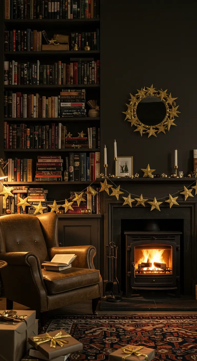 Rincón de lectura oscuro con guirnalda de estrellas brillantes sobre la chimenea.