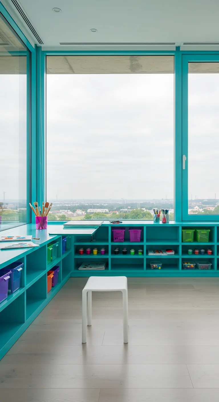 Larga estantería baja de color turquesa bajo un gran ventanal, habilitada como zona de arte.