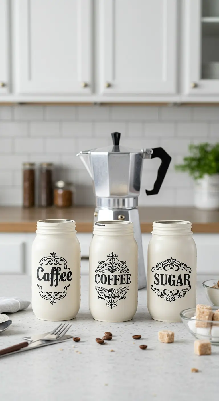 Trío de frascos de color crema con etiquetas negras de estilo vintage para café y azúcar.