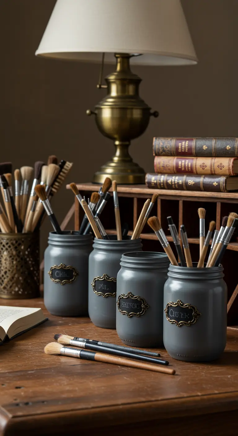Frascos de color gris oscuro con portaetiquetas metálicos de estilo vintage, organizando pinceles de arte.