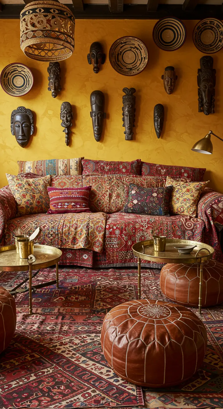 Sala de estar de inspiración étnica con máscaras en la pared, sofá con cojines estampados y pufs de cuero.
